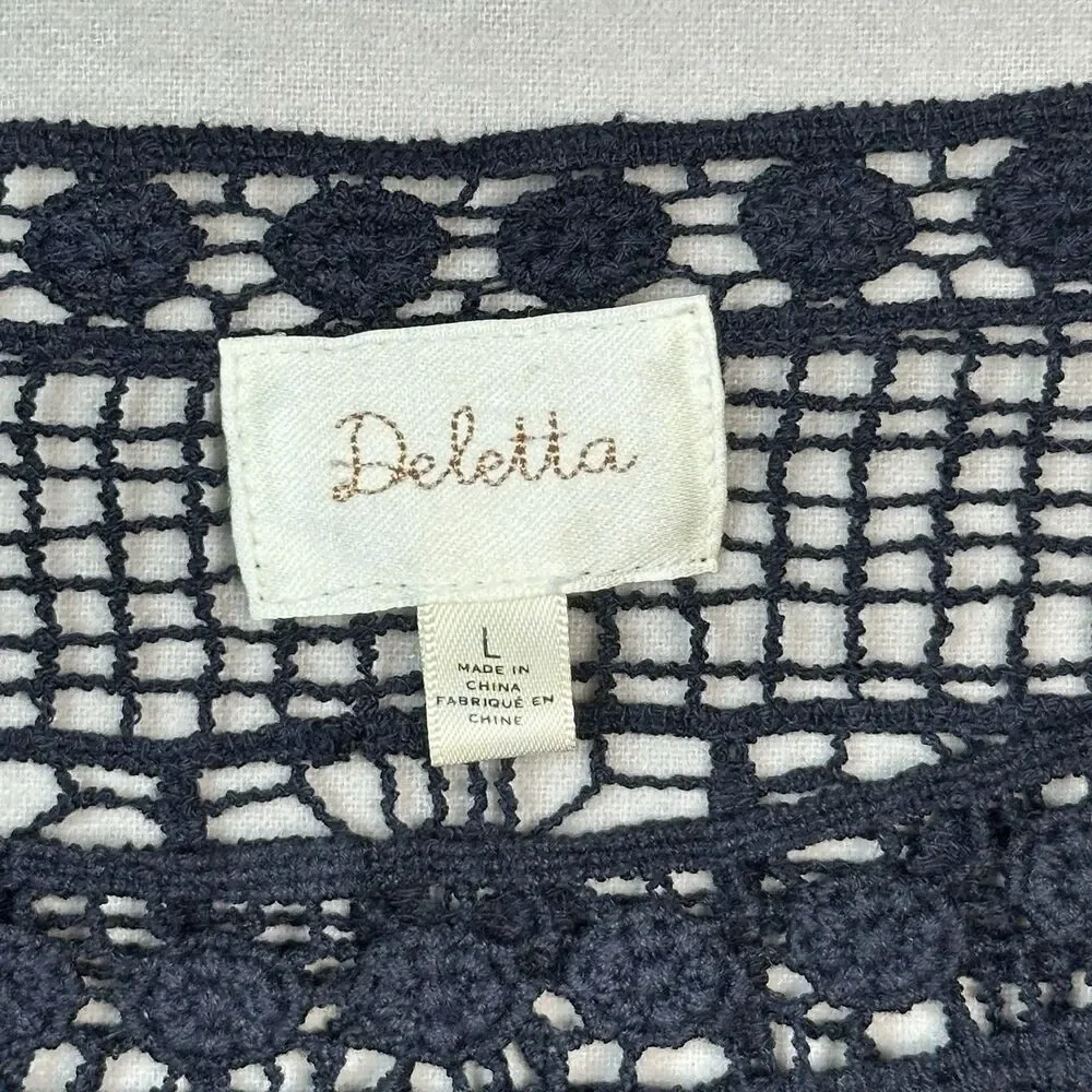 Anthropologie Deletta Crochet Lace Top Navy Blue Sz L Witchy Boho Coquette
